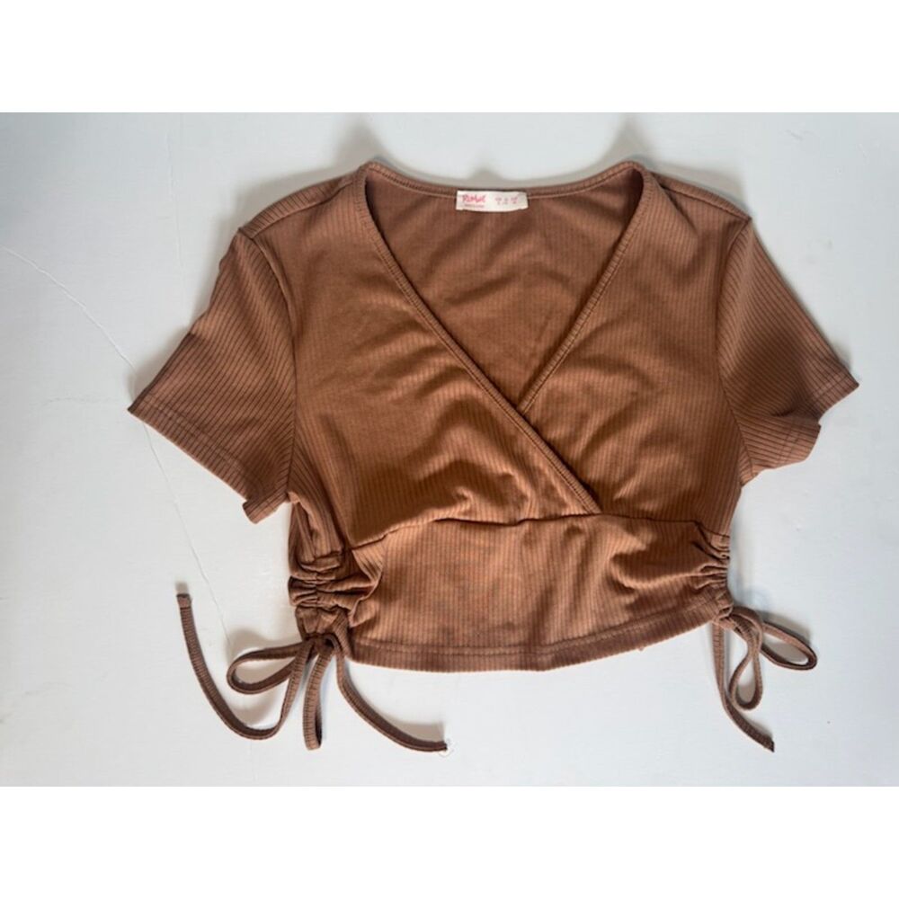 ROMWE Ribbed Ruched Crop Top Brown Size Small Wrap V-Neck Y2K